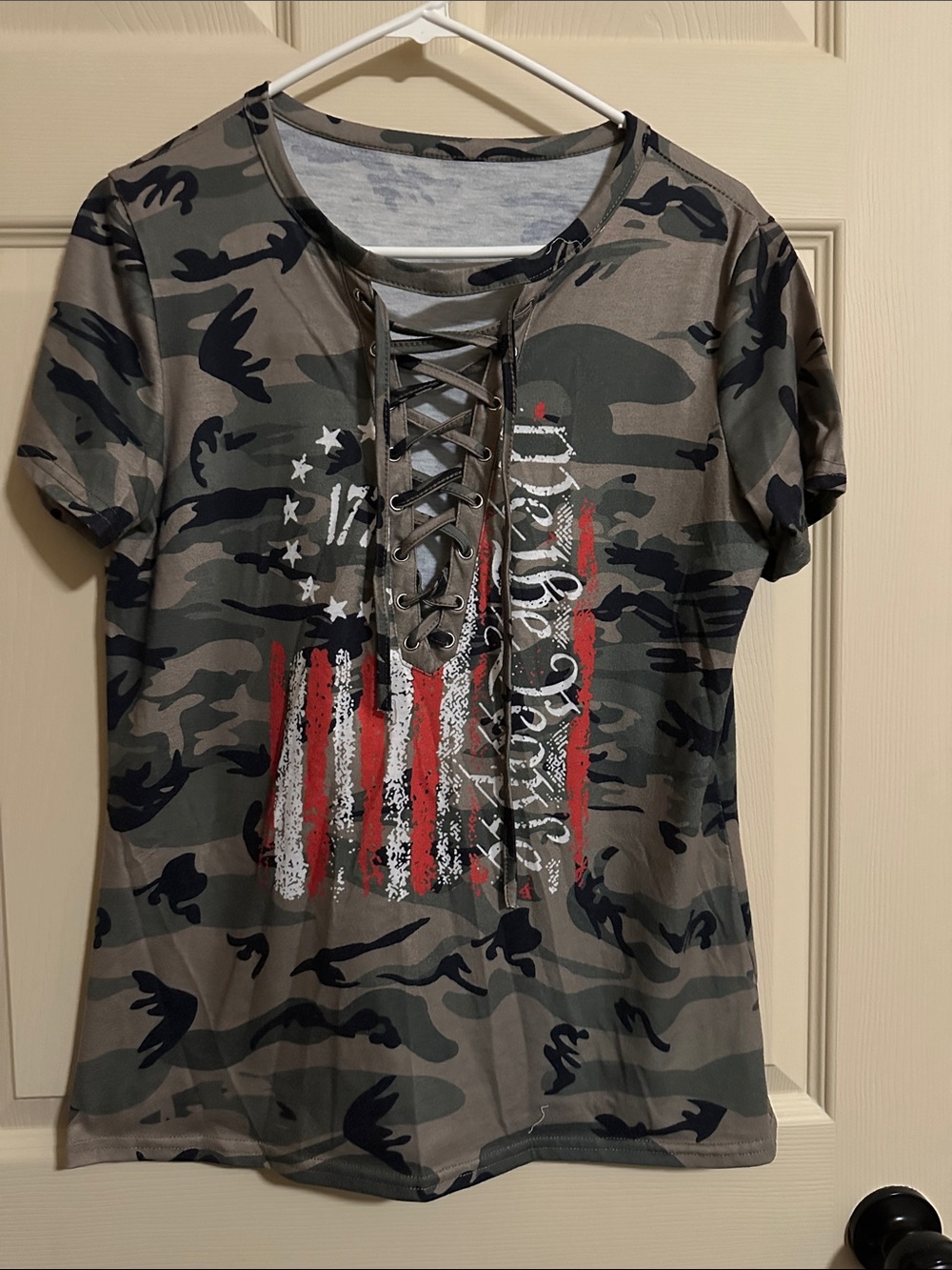 Camo Lace-Up Tee with Flag Graphic - Olive & Black